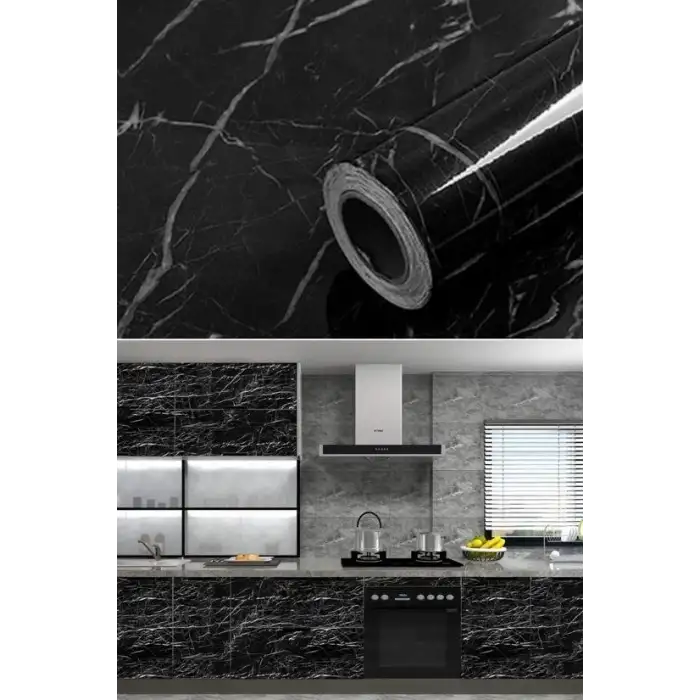 New Mermer Desenli Masa Tezgah Mutfak Su Geçirmez Yapışkanlı Folyo Sticker Siyah 5x0,6m