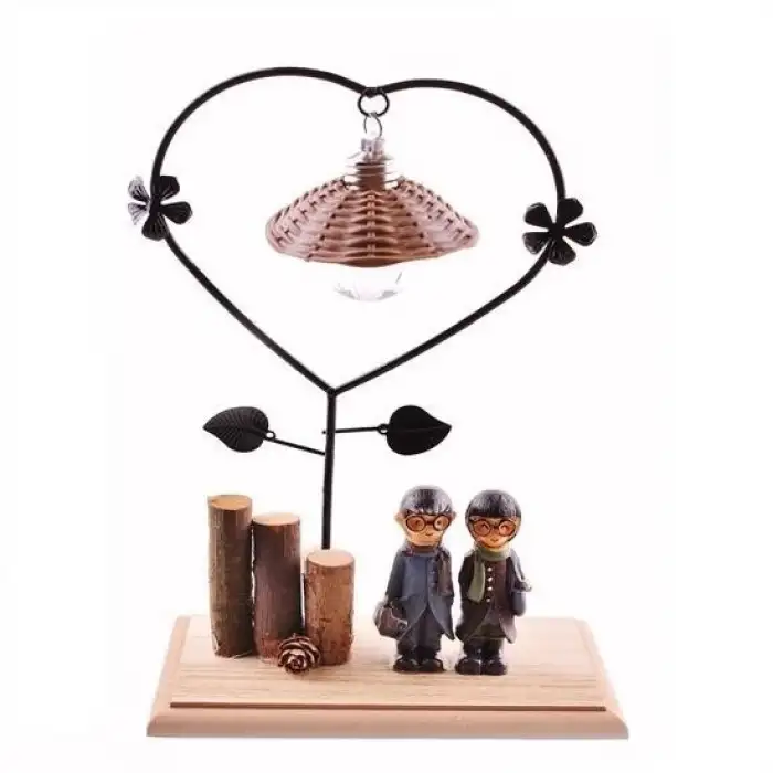 New Pilli Işıklı Romantik Çift Tema Büyük Boy Dekoratif Ahşap Biblo