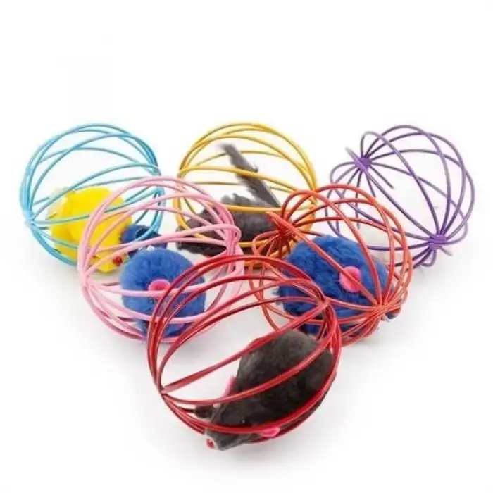 New Renkli Metal Kafesli Peluş Fareli Kedi Köpek Oyuncağı Oyun Topu 6 cm