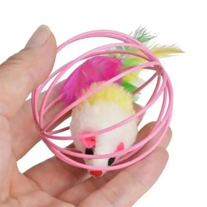 New Renkli Metal Kafesli Peluş Fareli Kedi Köpek Oyuncağı Oyun Topu 6 cm