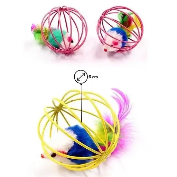 New Renkli Metal Kafesli Peluş Fareli Kedi Köpek Oyuncağı Oyun Topu 6 cm