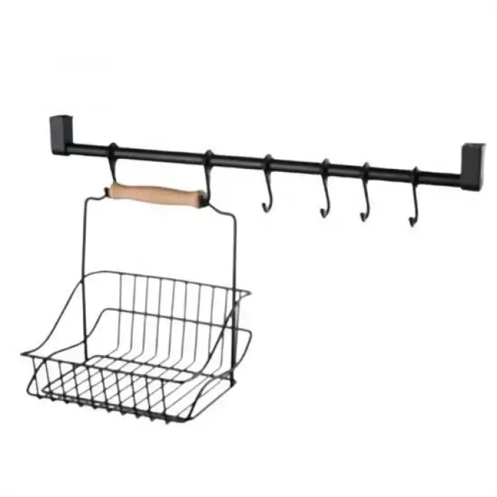 New Retro Ferforje Askılı Siyah  Ahşap Kulplu Düzenleyici Mutfak Sepeti