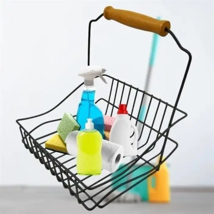 New Retro Ferforje Askılı Siyah  Ahşap Kulplu Düzenleyici Mutfak Sepeti