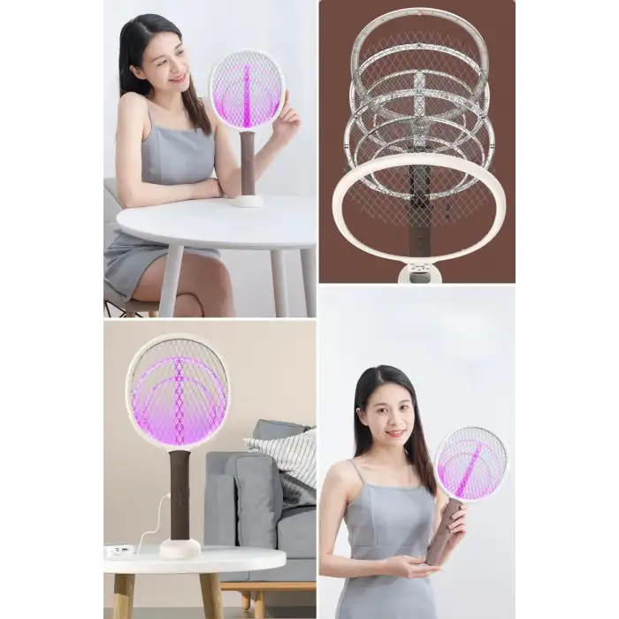 New Şarjlı Sinek Öldürücü Masaüstü Standlı,Mor Işık 43cm Sinek Kovucu Raket