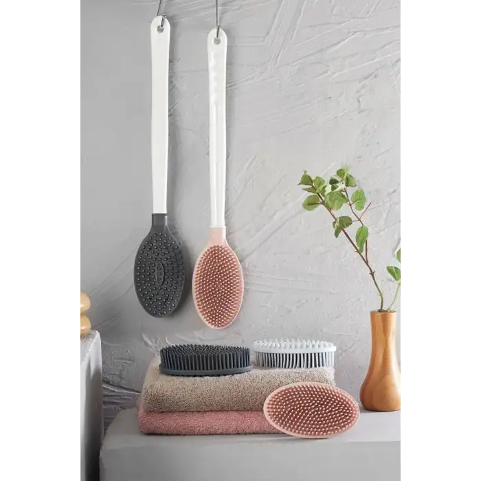 New Silikon Masajlı Uzun Saplı Vücut Masaj Fırçası Banyo Sırt Kesesi Saplı Yumuşak Fırça