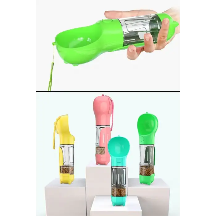 New Taşınabilir Hazneli Mama Kaplı ,Kaka Poşetli Kedi,Köpek Suluğu-300ml