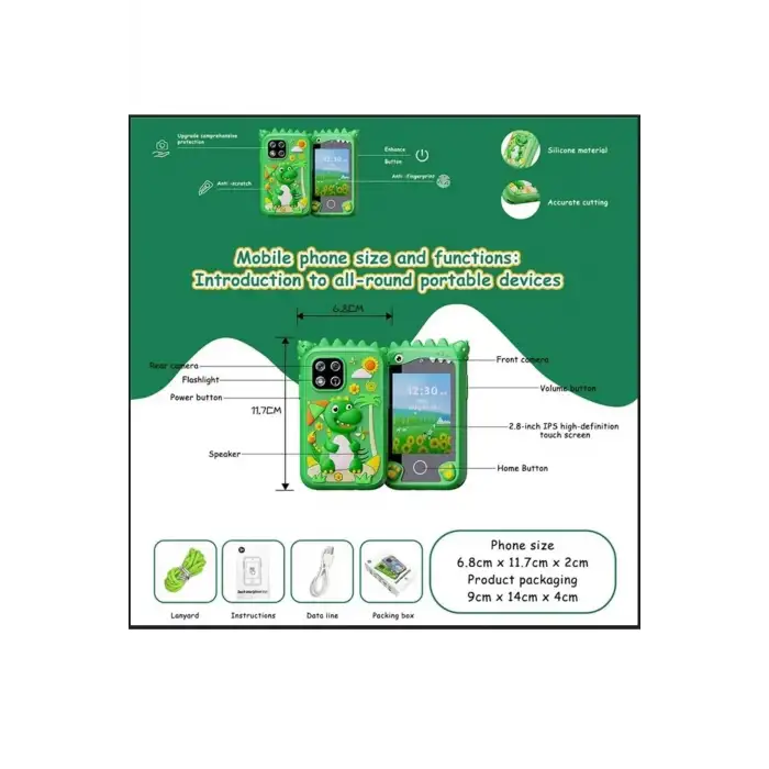 Çocuklar İçin Eğitici Telefon Dokunmatik Ekran Çift Kameralı Fenerli Müzik Çalar Oyun Video Mor