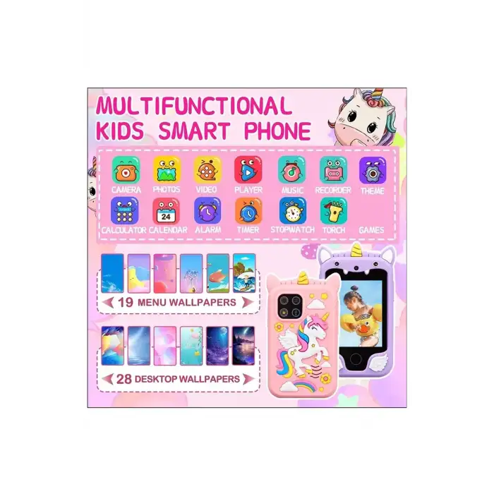 Çocuklar İçin Eğitici Telefon Dokunmatik Ekran Çift Kameralı Fenerli Müzik Çalar Oyun Video Pembe