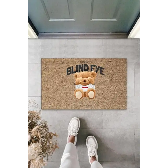 Dekoratif Dijital Blind Eye Ayıcık Bej Kapı Paspası Dış Mekan Paspas K-3189