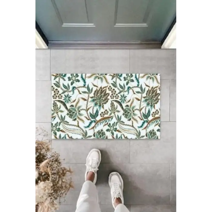 Dekoratif Dijital Çiçek Mavi Kapı Paspası Dış Mekan Paspas K-3056