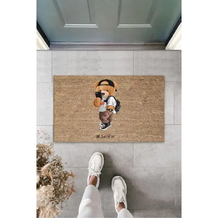 Dekoratif Dijital Selfie Çeken Ayıcık Bej Kapı Paspası Dış Mekan Paspas K-3168