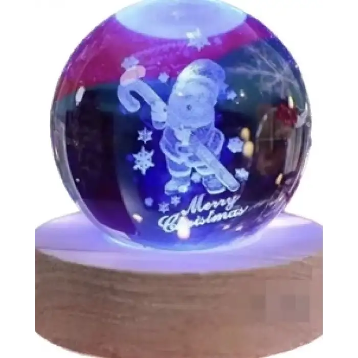 Dekoratif Noel Tasarımlı Ahşap Altlıklı Işıklı Cam Küre Büyük Boy8cm