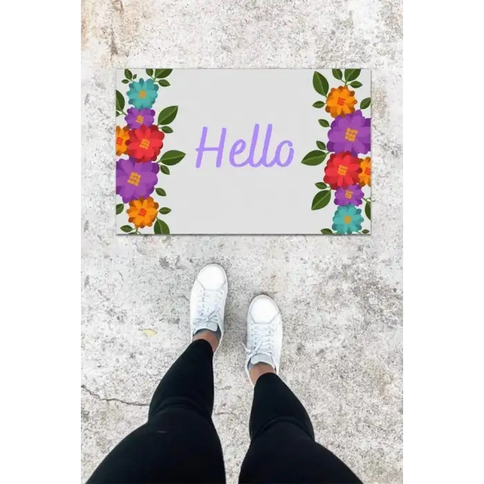 Dijital Baskı Açık Mavi Çiçek Desen Kapı Önü Paspası K-1002