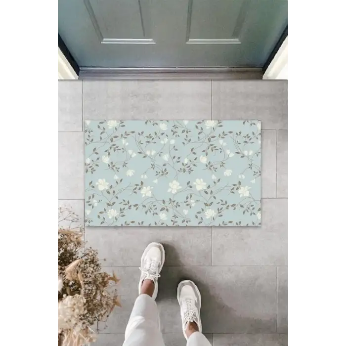 Dijital Baskı Açık Mavi Çoklu Çiçek Kapı Paspası