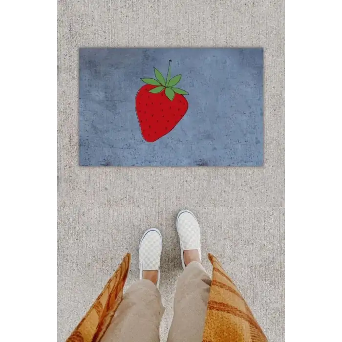 Dijital Baskı Dekoratif Çilek Antrasit Kapı Önü Paspası K-1297