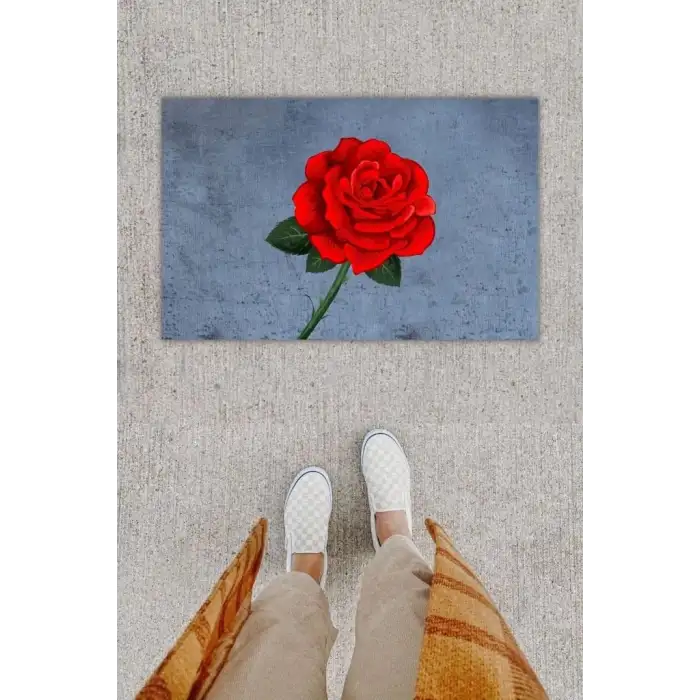 Dijital Baskı Dekoratif Gül Kırmızı Kapı Önü Paspası K-1294