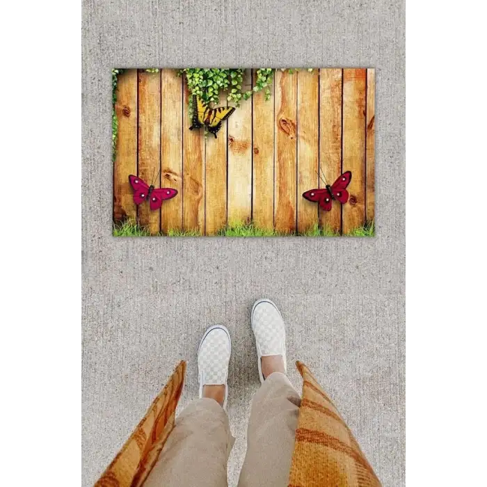 Dijital Baskı Dekoratif lü Kelebek Kahverengi Kapı Önü Paspası K-1256