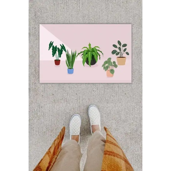 Dijital Baskı Dekoratif  Saksı Bej Kapı Önü Paspası K-1207