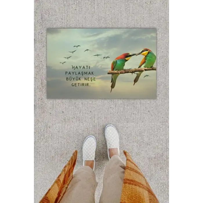 Dijital Baskı Dekoratif Tropikal Kuş Gri Kapı Önü Paspası K-1222