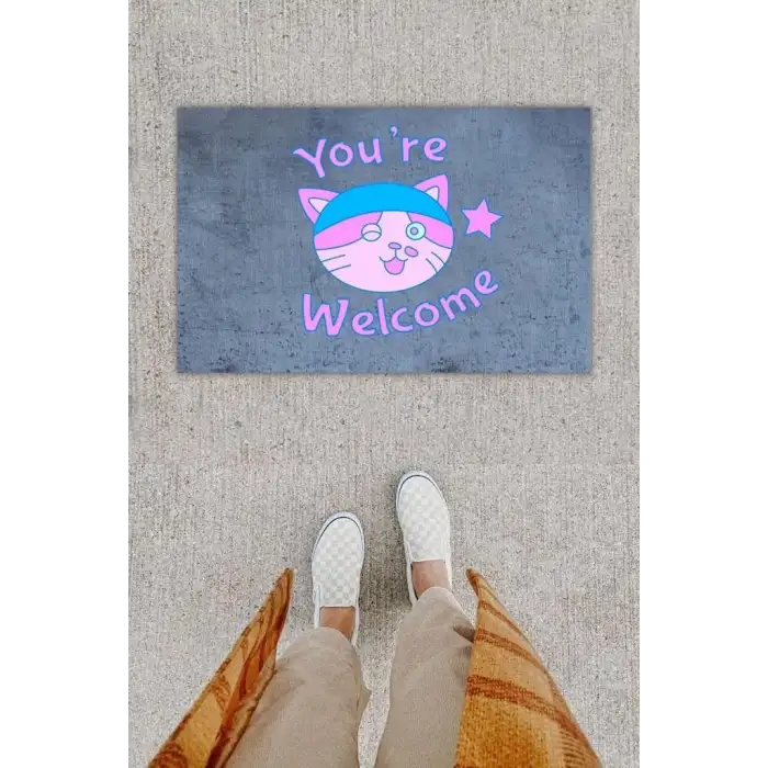 Dijital Baskı Dekoratif Welcome Kedili Antrasit Kapı Önü Paspası K-1292