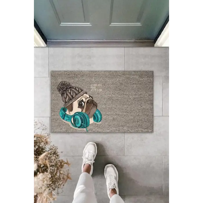 Dijital Baskı Gri Bereli Kulaklıklı Köpek Dekoratif Kapı Paspası K-2022