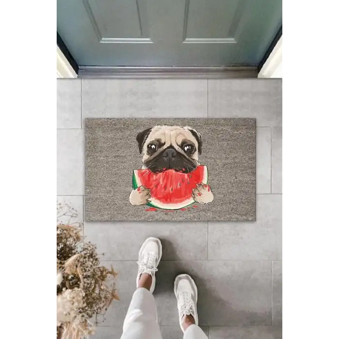 Dijital Baskı Gri Dilim Karpuz Yiyen Köpek Dekoratif Kapı Paspası K-2033