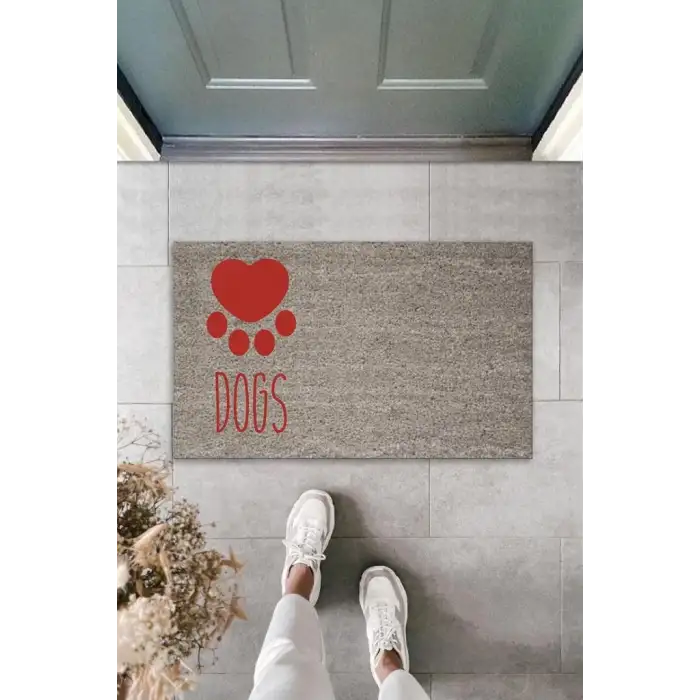 Dijital Baskı Gri Kırmızı Kalpli Dogs Dekoratif Kapı Paspası K-2073