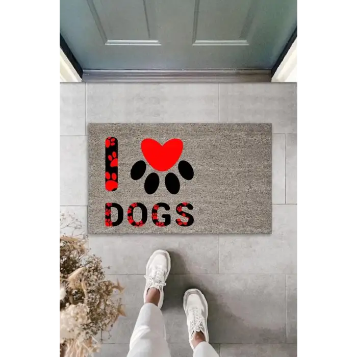 Dijital Baskı Gri Kırmızı Kalpli Patili I Love Dogs Dekoratif Kapı Paspası K-2076