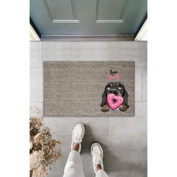 Dijital Baskı Gri Love Sweet Köpekli Dekoratif Kapı Paspası K-2057