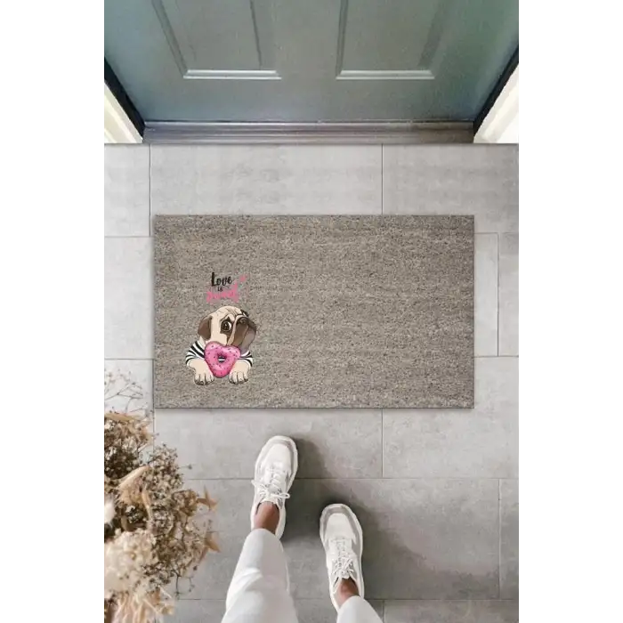 Dijital Baskı Gri Love Sweet Pembe Şekerlemeli Bulldog Köpek Dekoratif Kapı Paspası K-2077