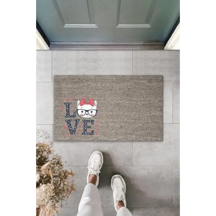 Dijital Baskı Gri Puantiyeli Love Yazılı Gözlüklü Beyaz Kedi Dekoratif Kapı Paspası K-2025