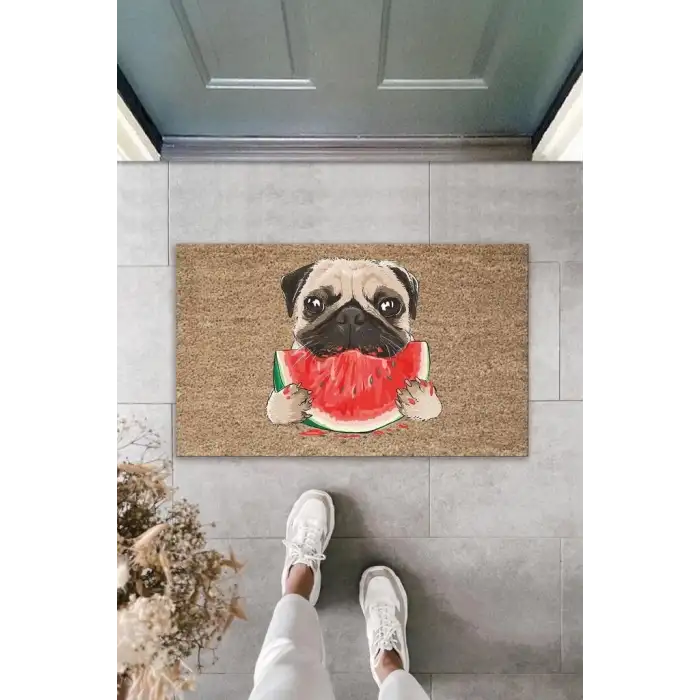 Dijital Baskı Kahverengi Dilim Karpuz Yiyen Köpek Dekoratif Kapı Paspası K-2032