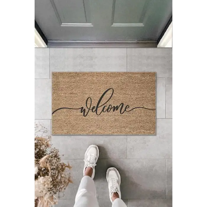 Dijital Baskı Kahverengi İtalik Yazılı Welcome Dekoratif Kapı Paspası K-2004