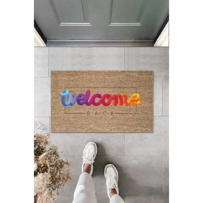 Dijital Baskı Kahverengi Karışık Renkli Welcome Dekoratif Kapı Paspası K-2003