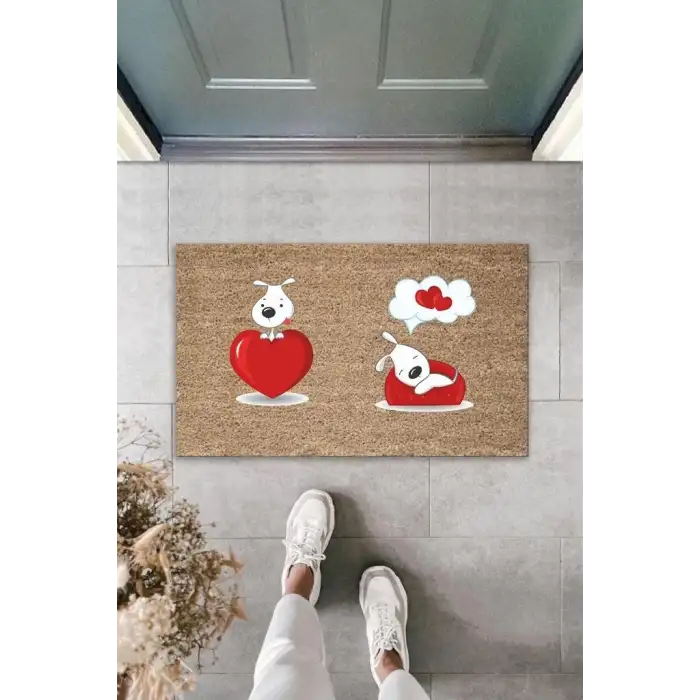 Dijital Baskı Kahverengi Kırmızı Kalpli Rüya Gören Köpekler Dekoratif Kapı Paspası K-2012