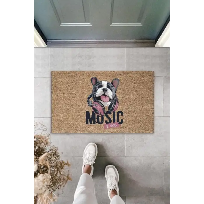 Dijital Baskı Kahverengi Music Yazılı Kulaklıklı Köpek Dekoratif Kapı Paspası K-2042