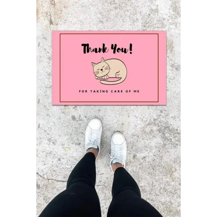 Dijital Baskı Pembe Uyuyan Kedi Desen Kapı Önü Paspası K-1031