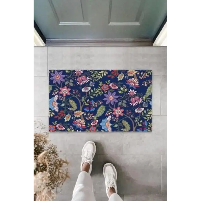 Dijital Çoklu Çiçekler Lacivert Kapı Paspası Dış Mekan Paspas K-3066