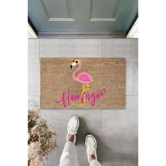 Dijital Pembe Flamingo Bej Kapı Paspası Dış Mekan PaspasK-3050