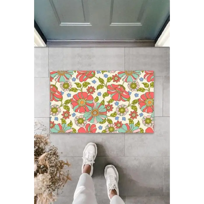 Dijital Soft Çiçekler Gül Kurusu Kapı Paspası Dış Mekan Paspas K-3121