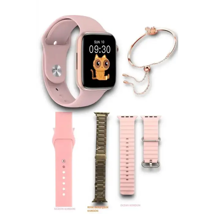 G9 Mini Rose Gold 41mm Kadın Akıllı Saat 3 Kordon Ve Bileklik Hediyeli Akıllı Saat