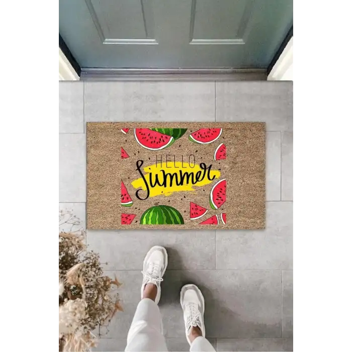 Kahverengi Kapı Önü Paspası Hello Summer Karpuz Dilimleri Desen  K-3267