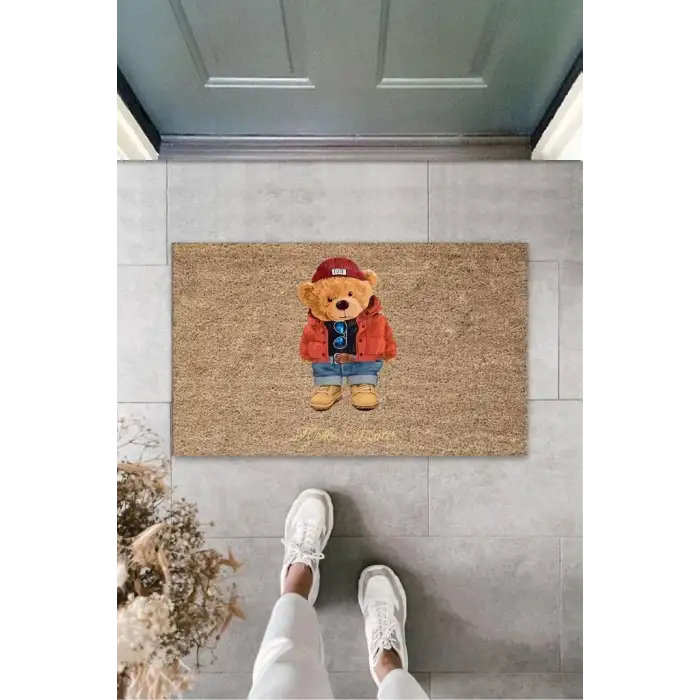 Kahverengi Kapı Önü Paspası Hello Winter Ayıcık Desen  K-3245
