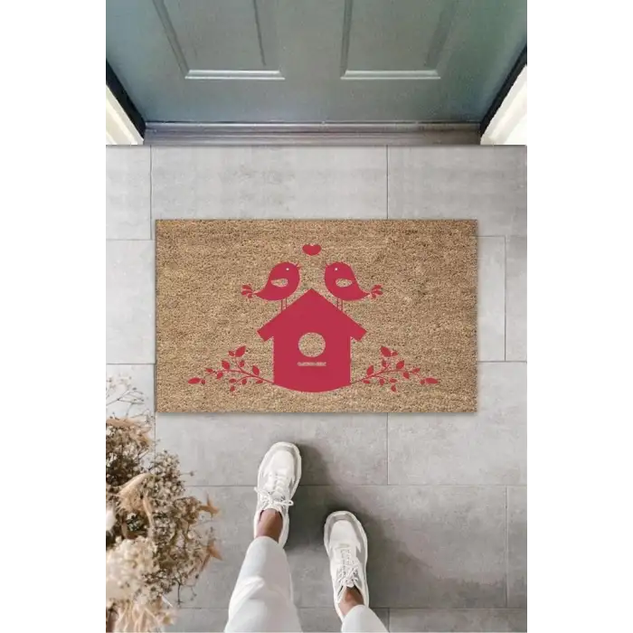 Kahverengi Kapı Önü Paspası Kuş Evi Desen  K-3218