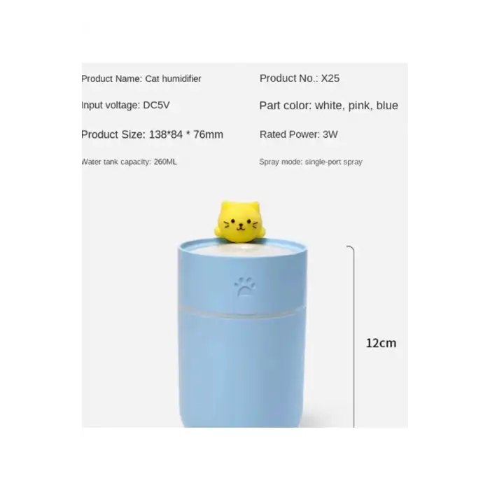 Kedi Karikatürlü Masaüstü Işıklı Hava Nemlendirici Usb Destekli Beyaz
