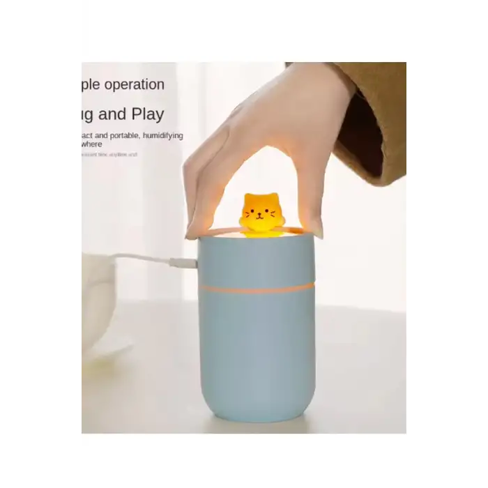 Kedi Karikatürlü Masaüstü Işıklı Hava Nemlendirici Usb Destekli Pembe