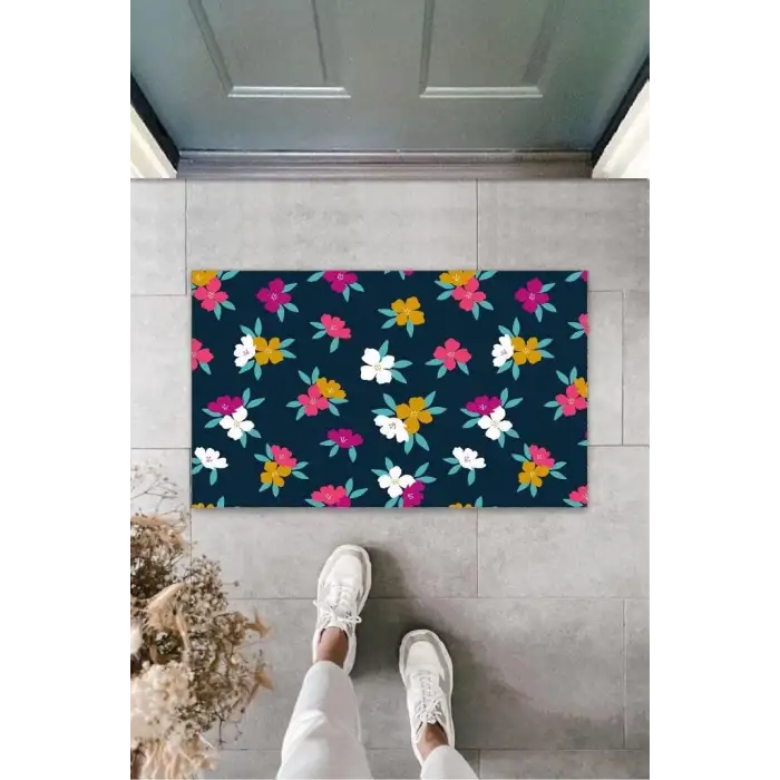 Koyu Pembe Kapı Önü Paspası Çiçekler Desen  K-3251