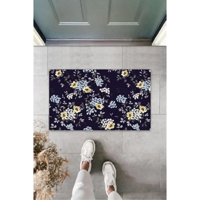 Lacivert Kapı Önü Paspası Minik Çiçekler Desen  K-3249