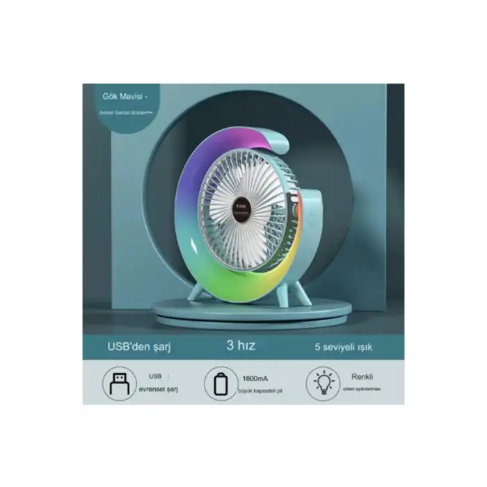 Masaüstü Vantilatör Usb Şarjlı Rgb Led Işıklı 3 Kademeli 180° Ayarlanabilir Soğutucu Fan Mavi
