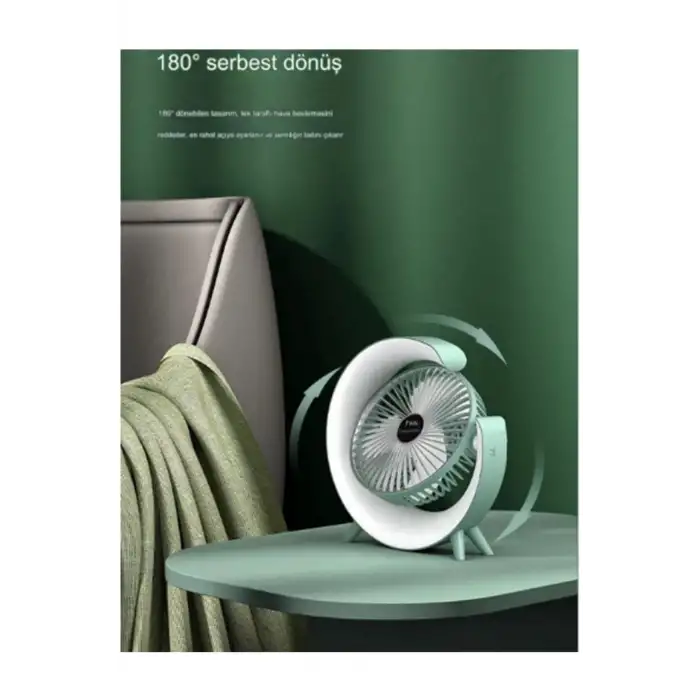 Masaüstü Vantilatör Usb Şarjlı Rgb Led Işıklı 3 Kademeli 180° Ayarlanabilir Soğutucu Fan Yeşil